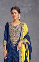 Blue Chinon Bandhani Embroidered  Kurti With Sharara Dupatta