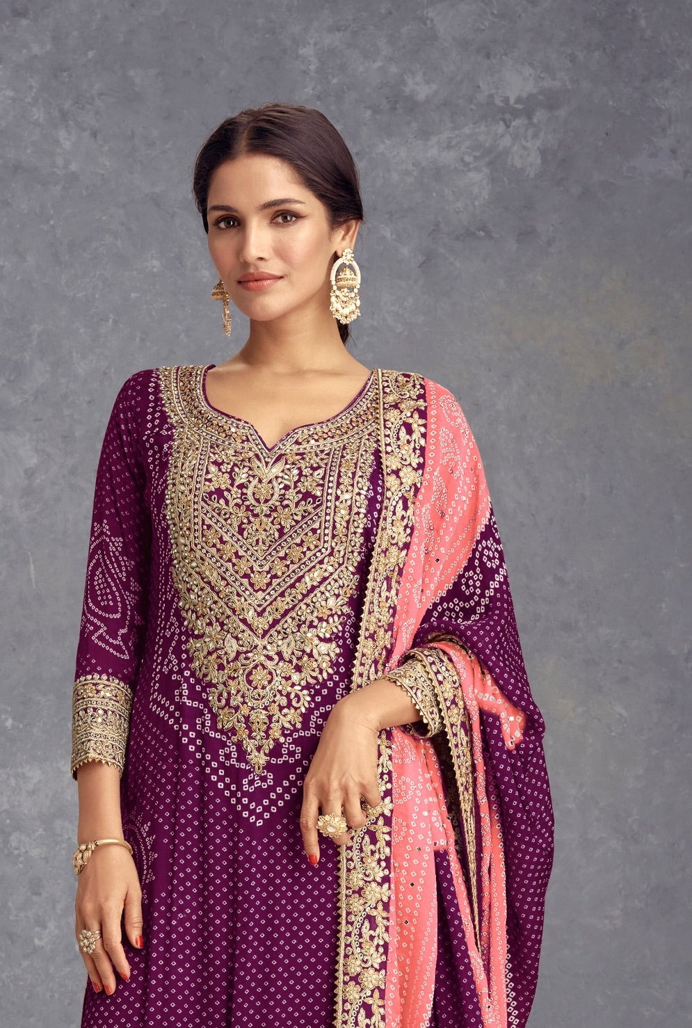 Purple Chinon Bandhani Embroidered  Kurti With Sharara Dupatta