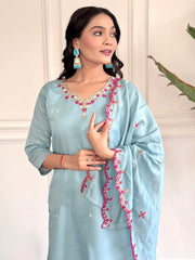 Sky Viscose Chanderi Embroidered  Kurti With Pant Dupatta