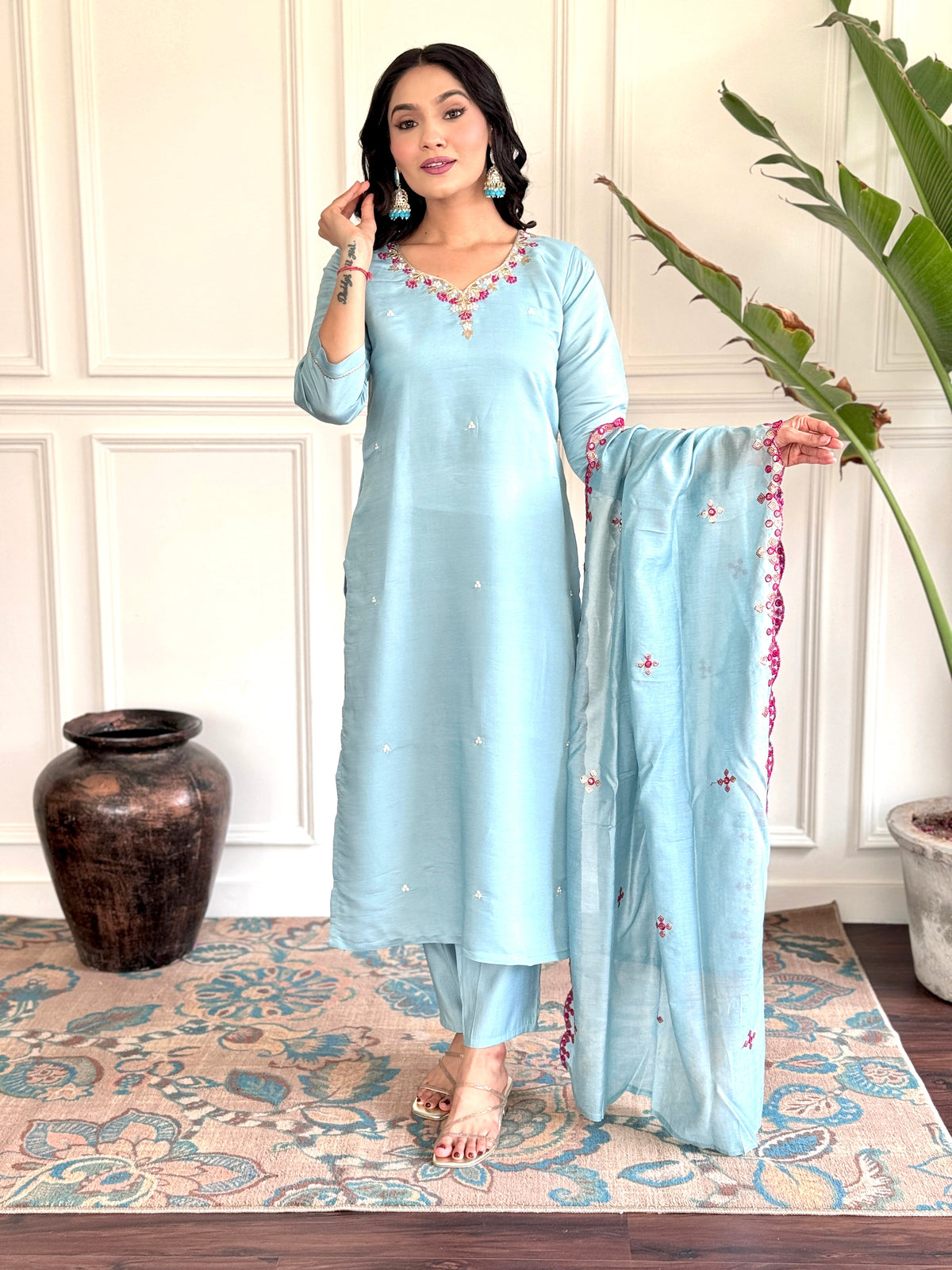 Sky Viscose Chanderi Embroidered  Kurti With Pant Dupatta