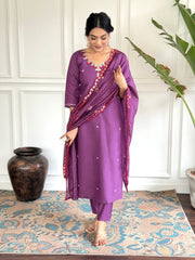 Light Purple Viscose Chanderi Embroidered  Kurti Pant Dupatta