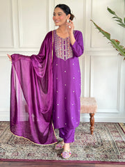 Purple Rayon Slub Embroidered  Kurti With Pant Dupatta