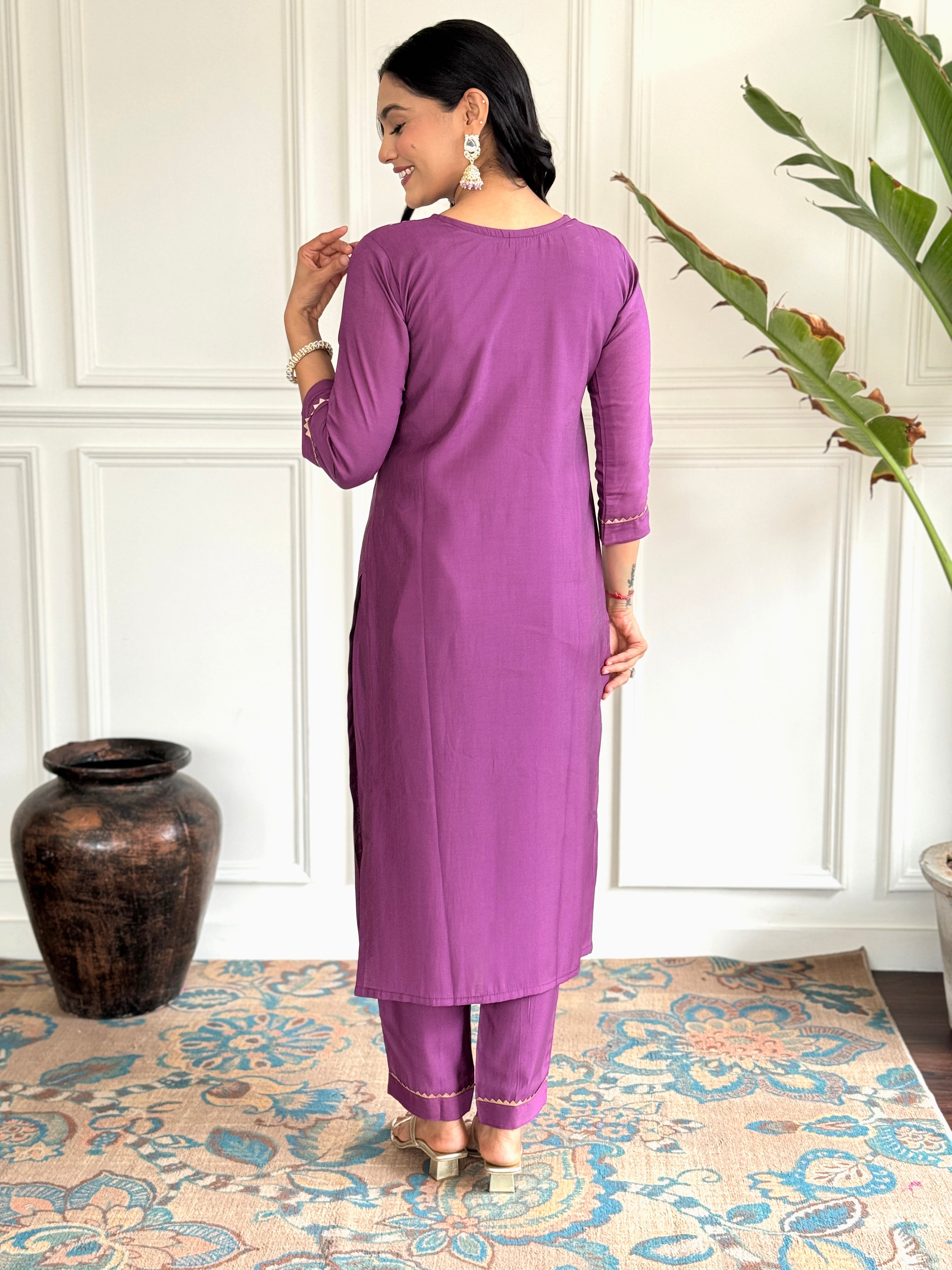 Purple Viscose Chanderi Embroidered  Kurti With Pant Printed Dupatta