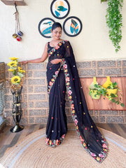 Black Georgette Thread Sequins Embroidered Saree