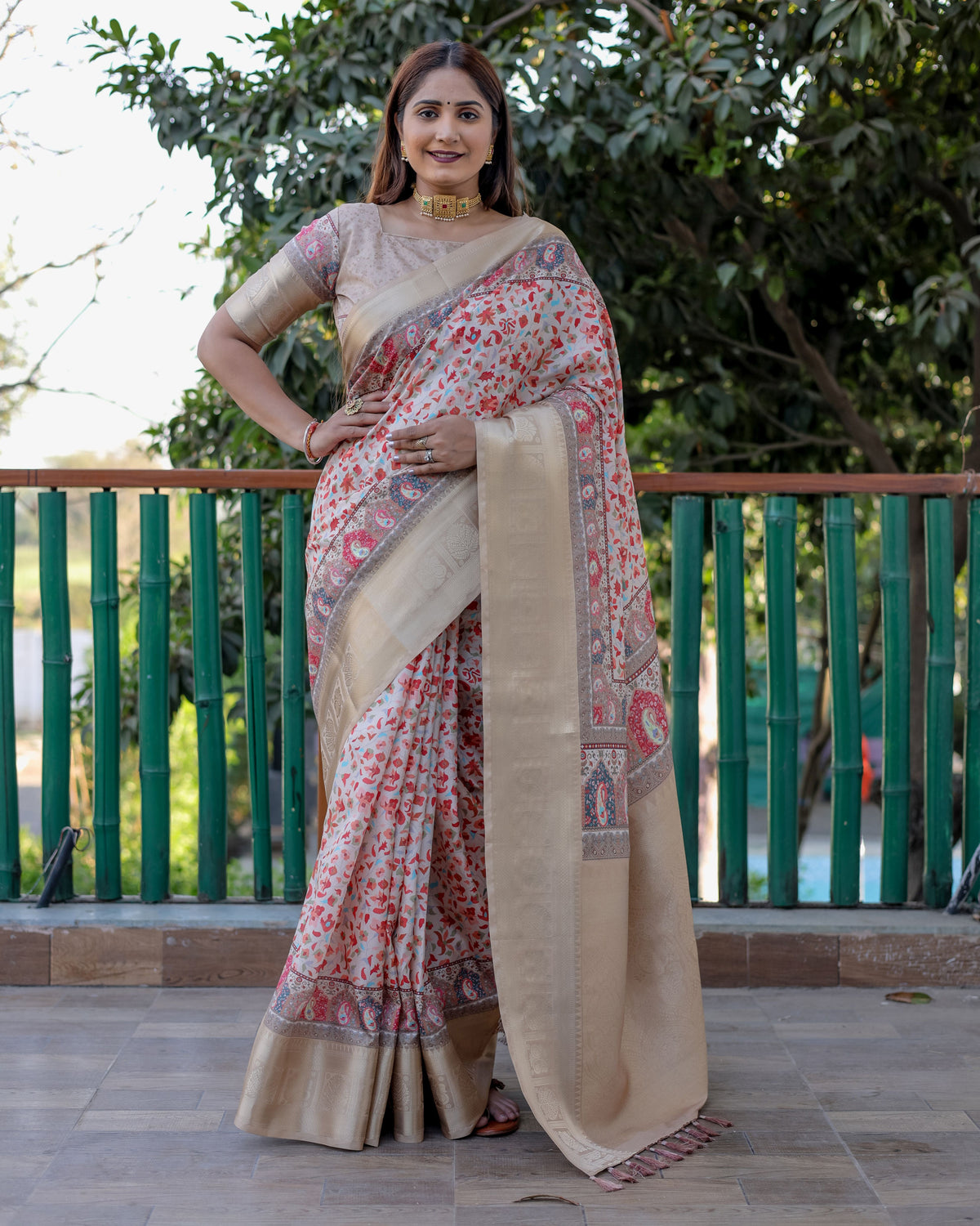 Beige Pashmina Digital Print Saree