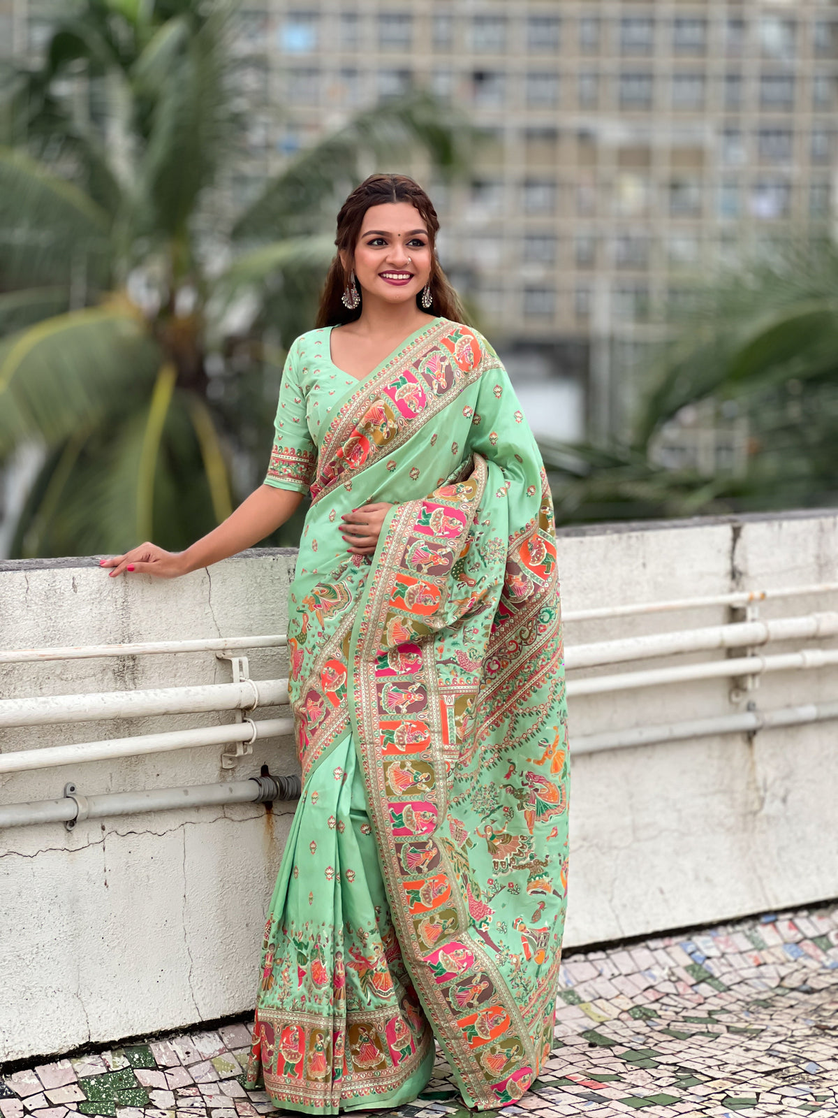 Sea Green Pashmina Silk Woven Meenakari Saree