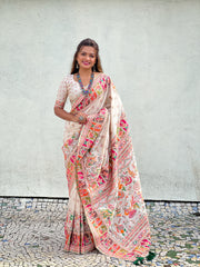 White Pashmina Silk Woven Meenakari Saree