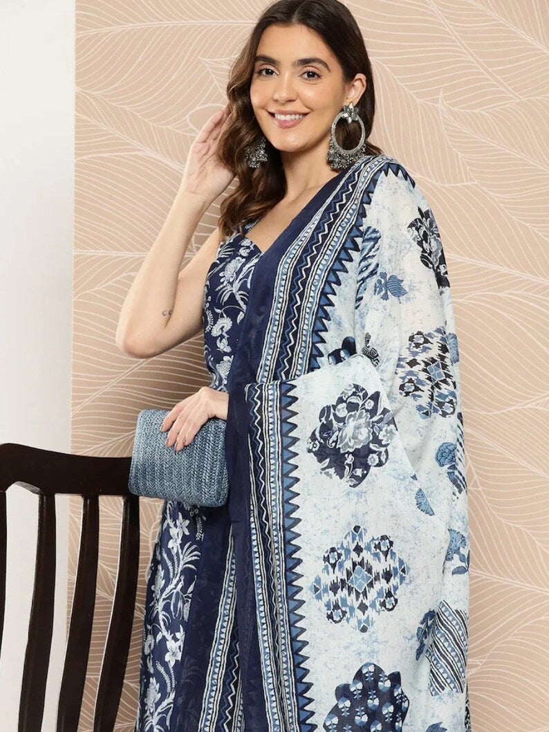 Navy Blue Viscose Floral Printed  Kurti With Pant Dupatta