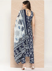 Navy Blue Viscose Floral Printed  Kurti With Pant Dupatta