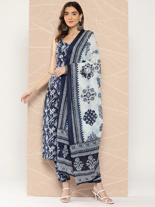 Navy Blue Viscose Floral Printed  Kurti With Pant Dupatta