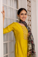 Mustard Viscose Hand Work   Kurti With Pant Dupatta