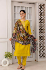 Mustard Viscose Hand Work   Kurti With Pant Dupatta