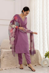 Purple Viscose Hand Work   Kurti With Pant Dupatta