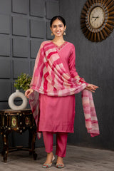 Pink Viscose Hand Work   Kurti With Pant Dupatta