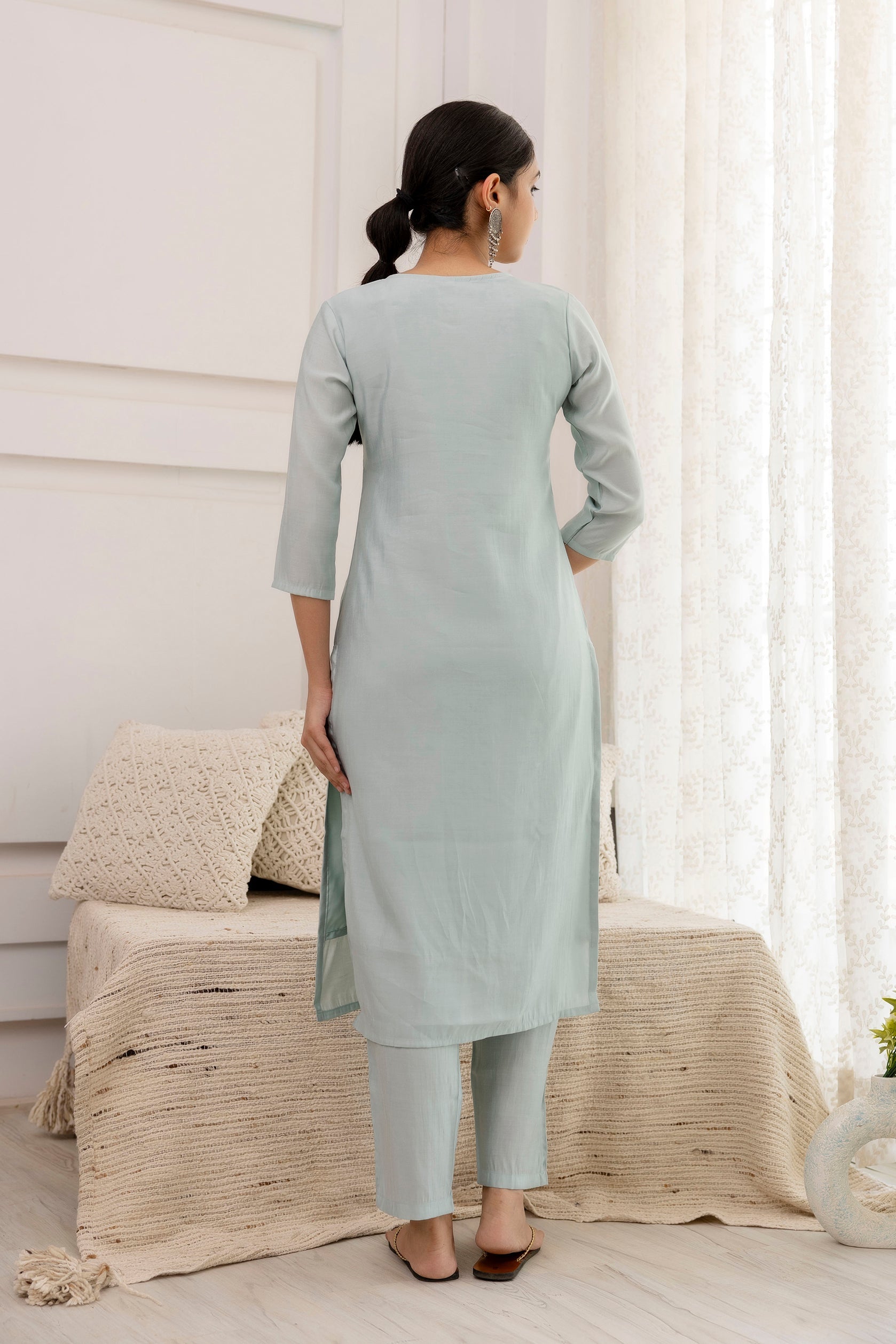 Sky Grey Viscose Hand Work   Kurti With Pant Dupatta