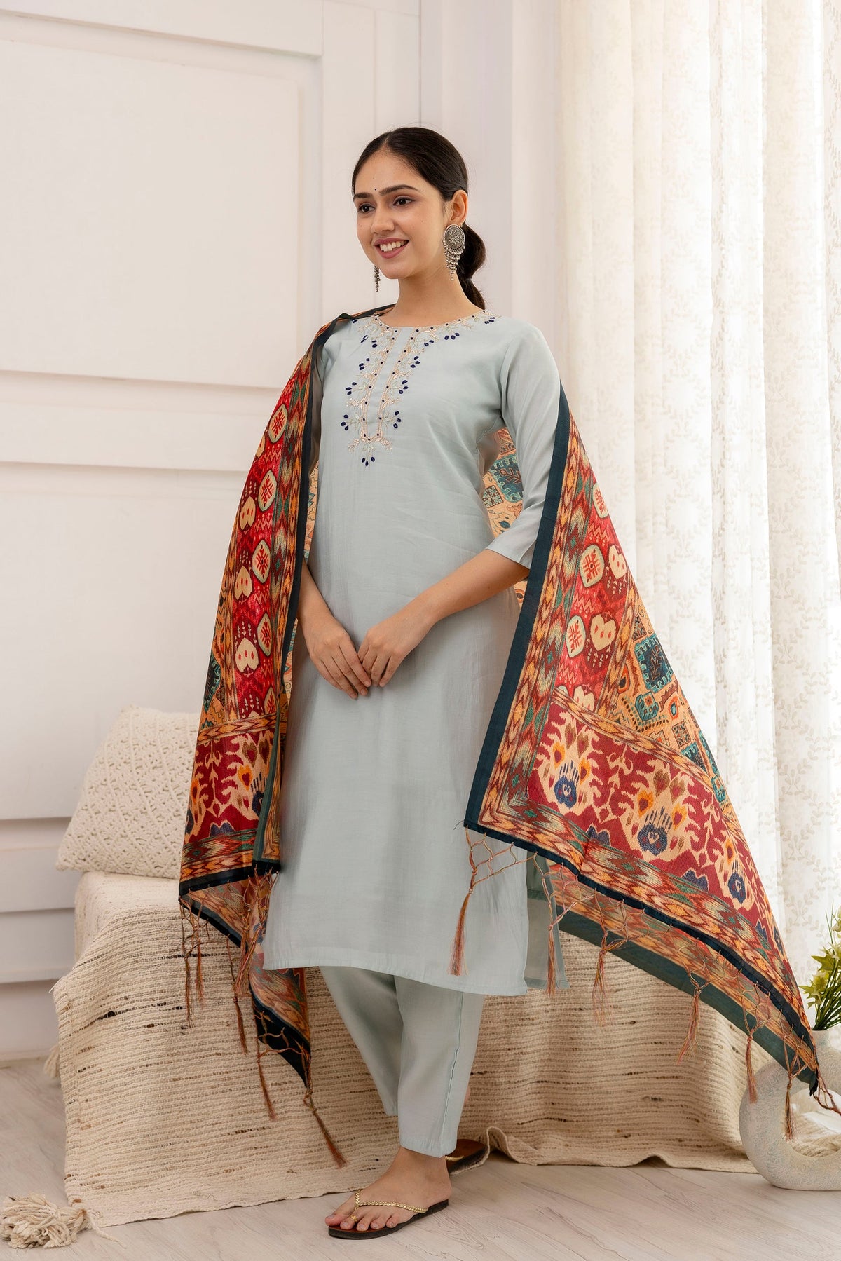 Sky Grey Viscose Hand Work   Kurti With Pant Dupatta