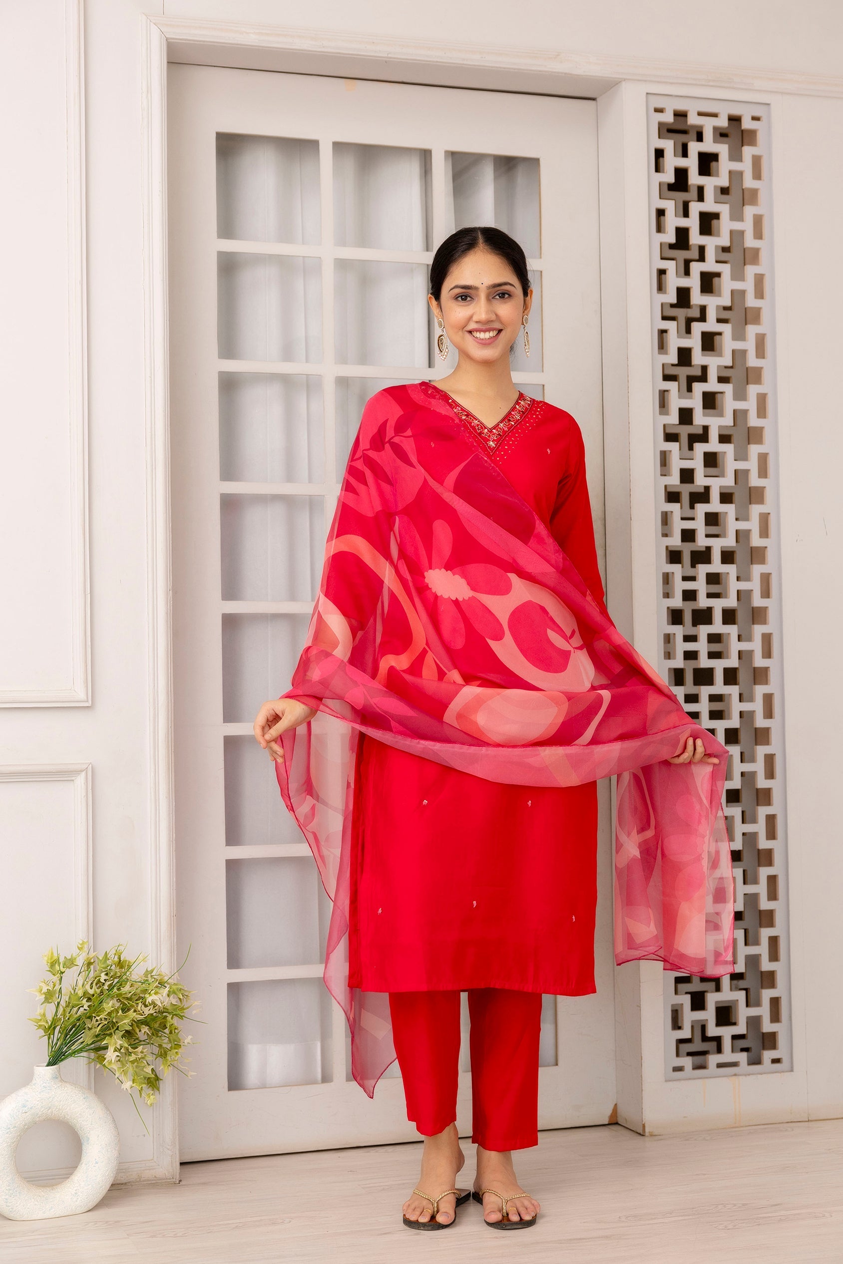 Red Viscose Hand Work   Kurti With Pant Dupatta