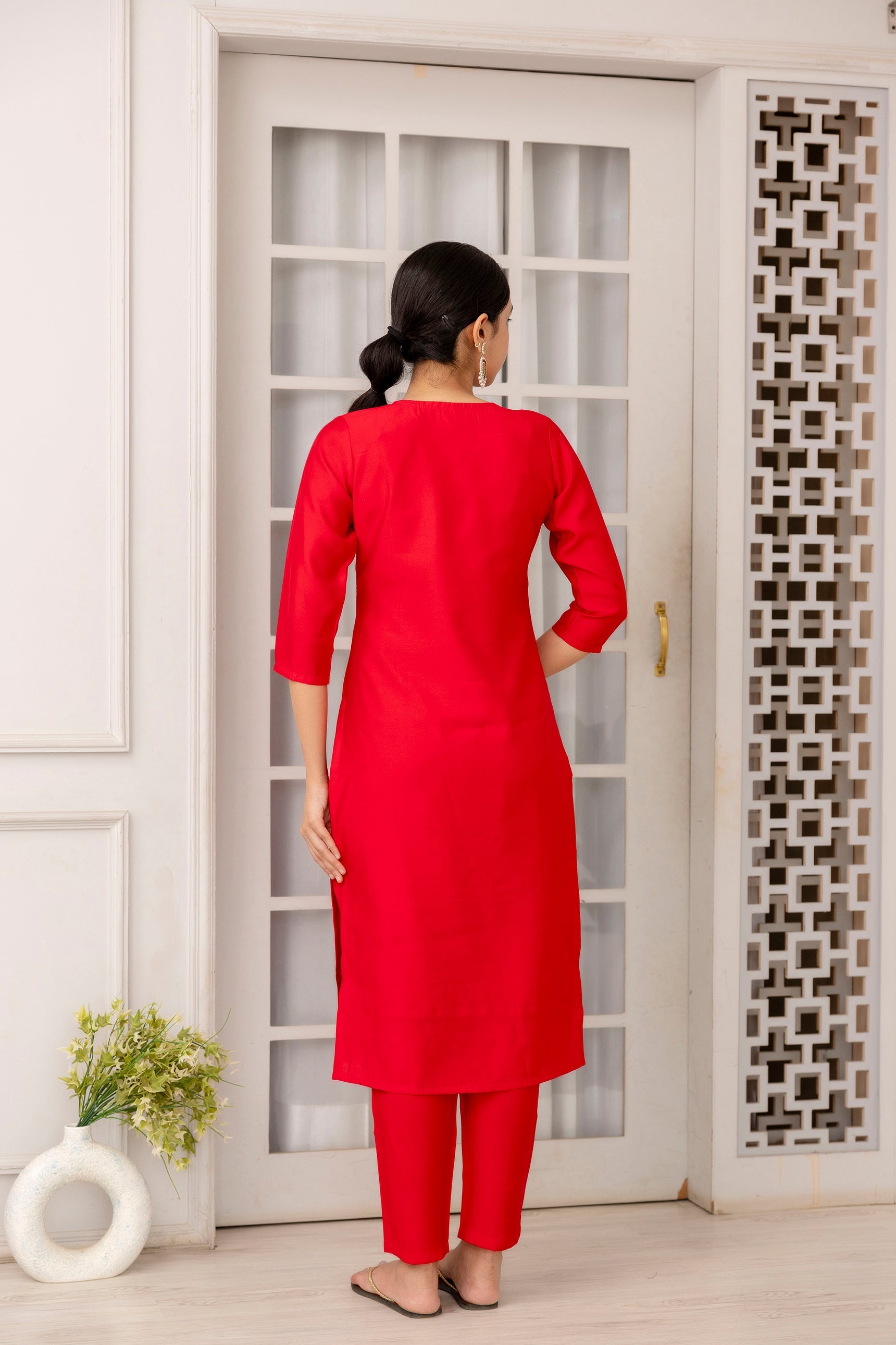 Red Viscose Hand Work   Kurti With Pant Dupatta