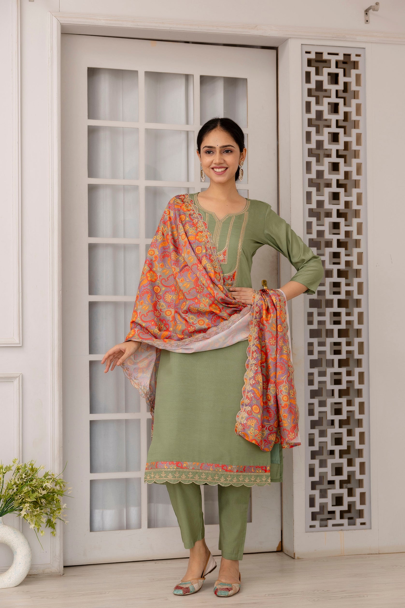 Pista Green Viscose Embroidered  Kurti With Pant Dupatta