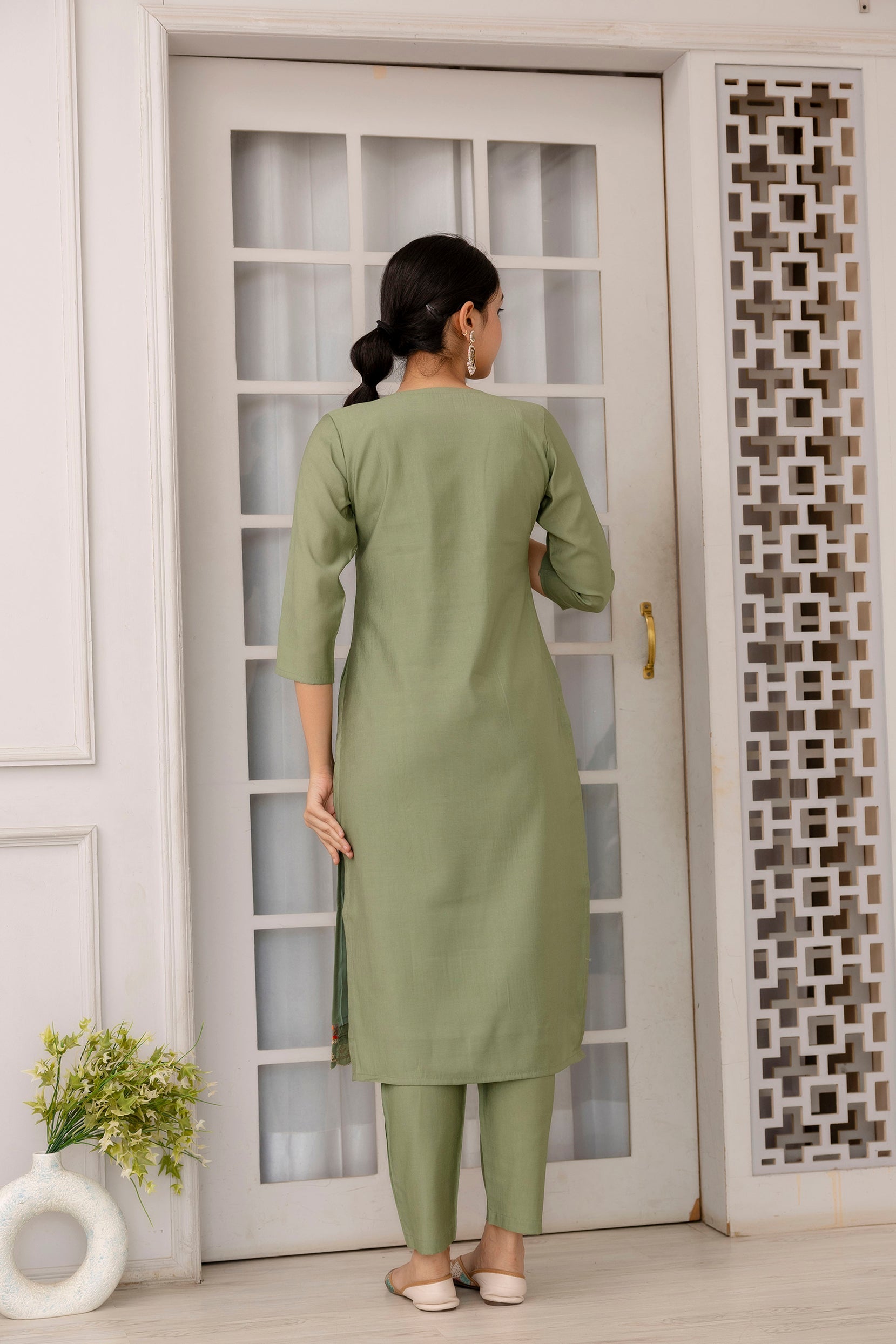 Pista Green Viscose Embroidered  Kurti With Pant Dupatta