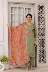 Pista Green Viscose Embroidered  Kurti With Pant Dupatta