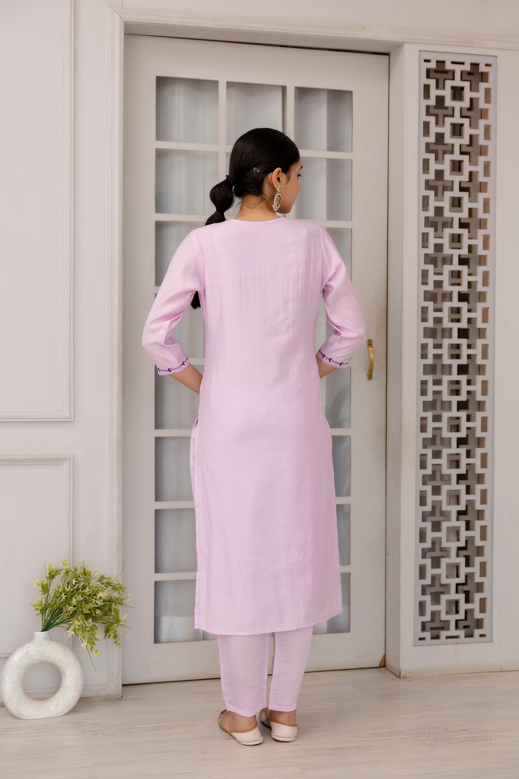 Lavendar Viscose Embroidered  Kurti With Pant Dupatta