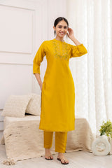 Mustard Viscose Embroidered  Kurti With Pant Dupatta