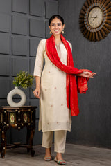 Cream Viscose Embroidered  Kurti With Pant Dupatta