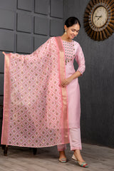 Baby Pink Viscose Embroidered  Kurti With Pant Dupatta