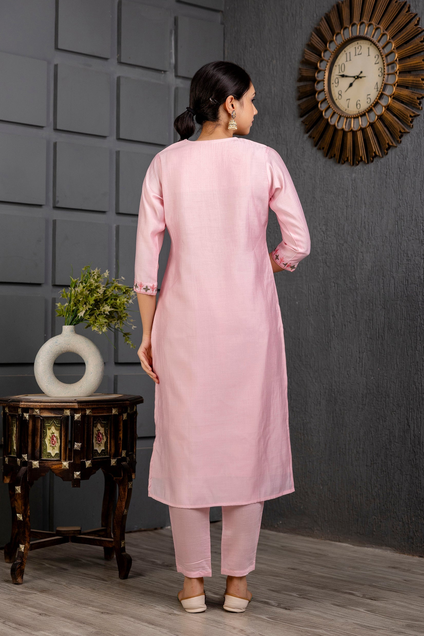 Baby Pink Viscose Embroidered  Kurti With Pant Dupatta