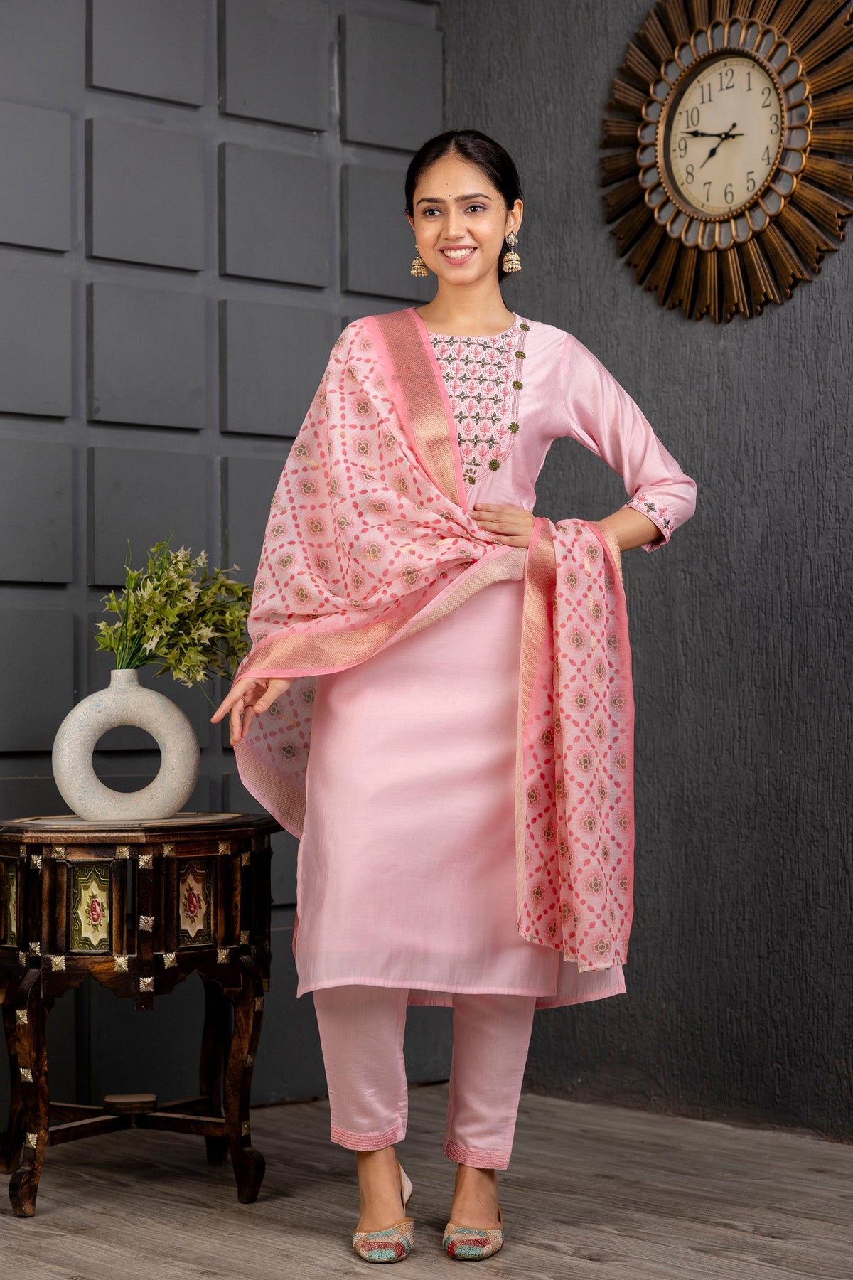 Baby Pink Viscose Embroidered  Kurti With Pant Dupatta