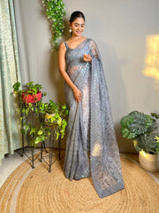 Grey Silk Sequins Embroidered Saree