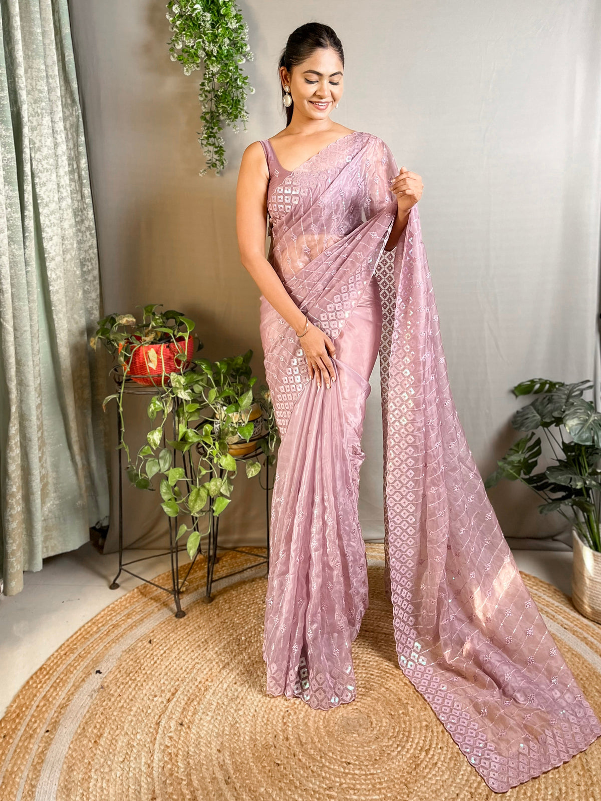 Lavender Silk Sequins Embroidered Saree