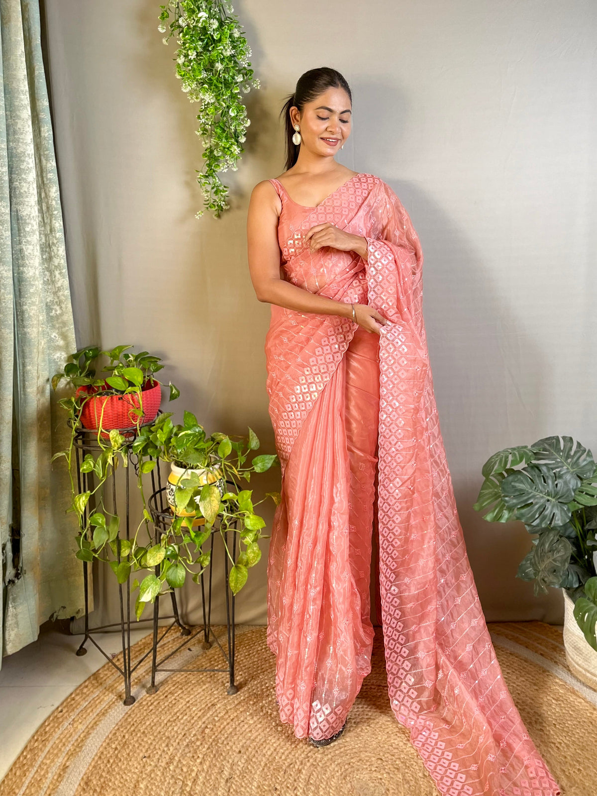 Peach Silk Sequins Embroidered Saree