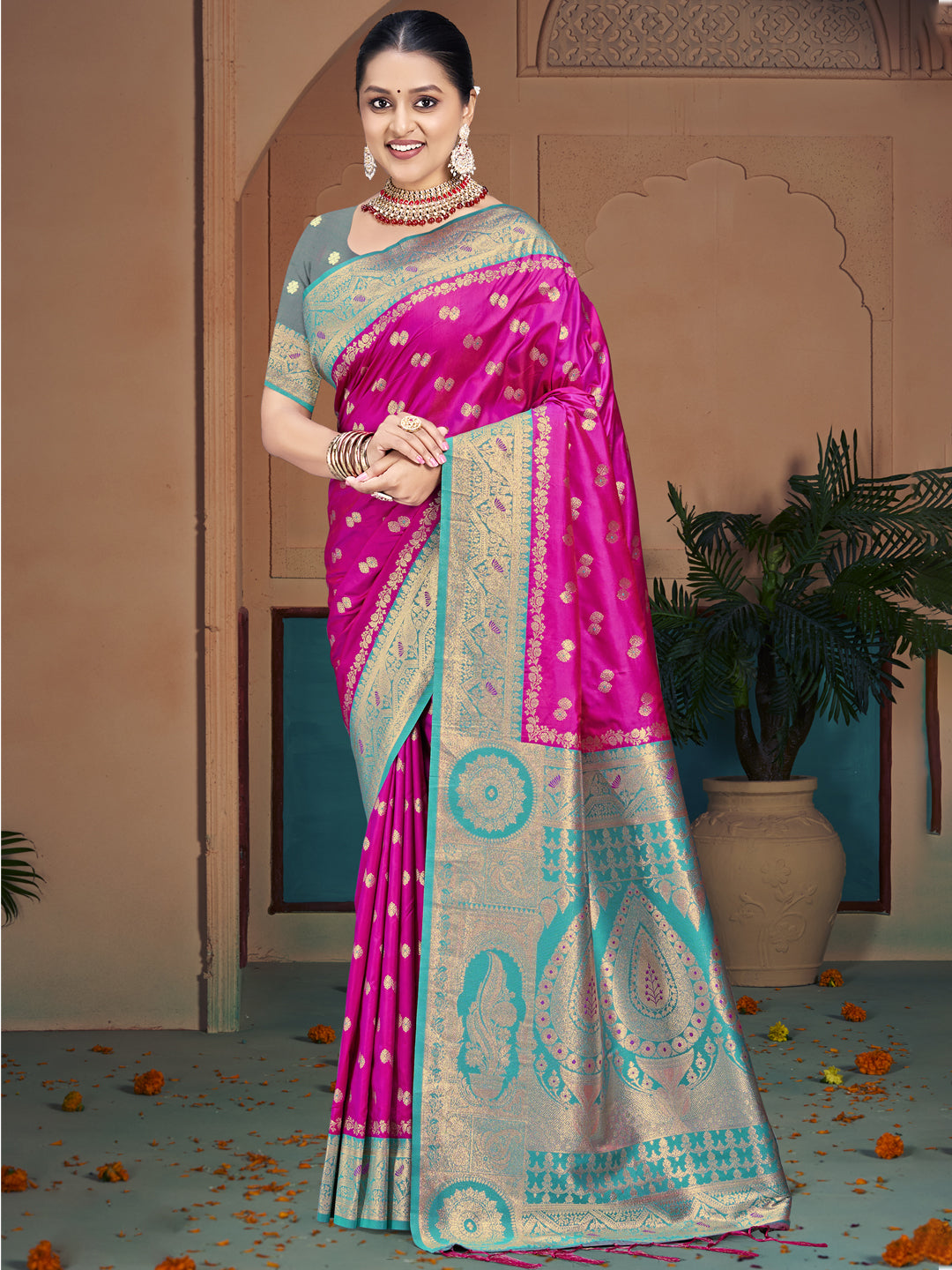 Pink Silk Woven Jacquard Saree