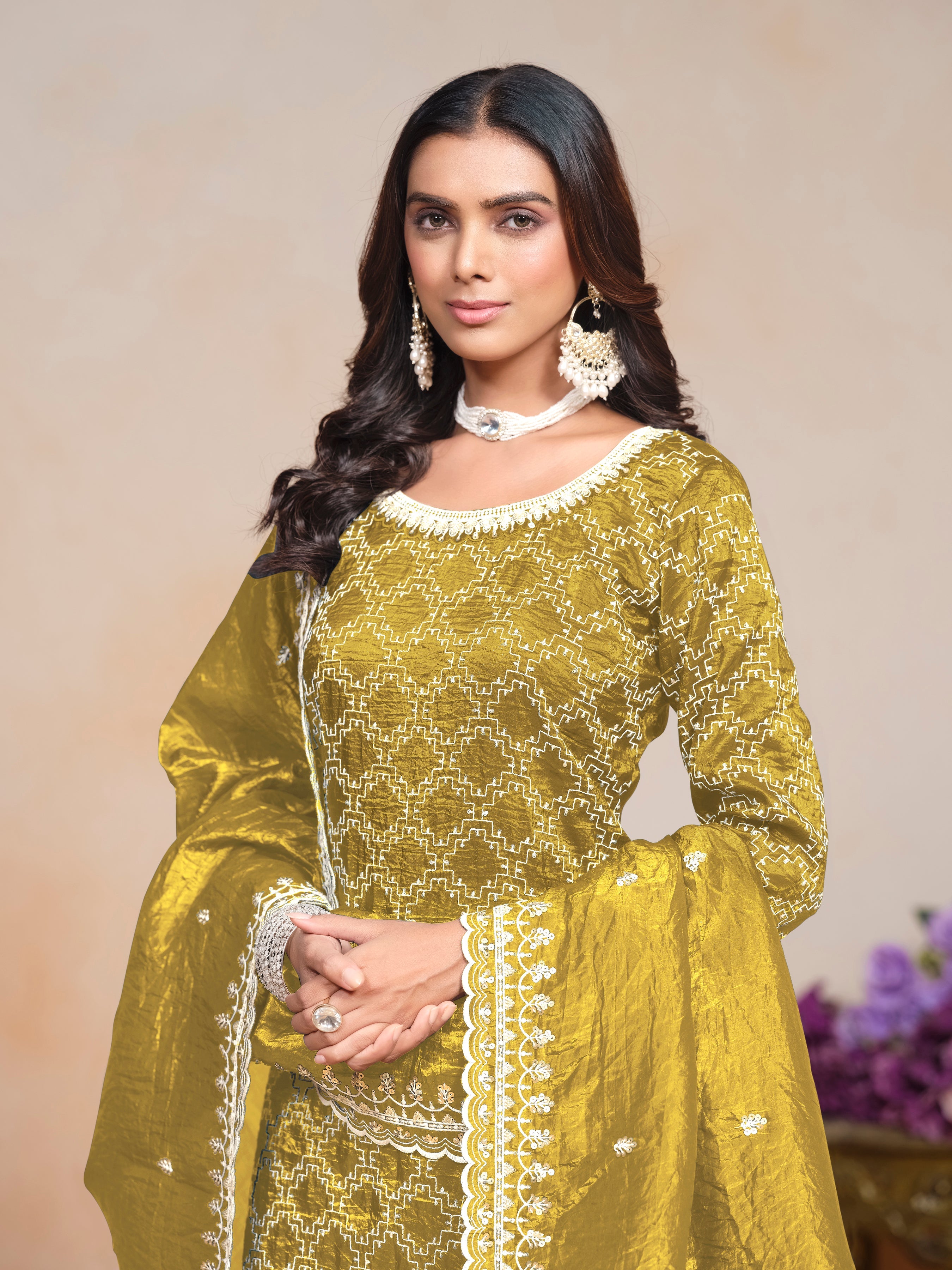 Yellow Gold Crush Embroidered  Kurti With Bottom Dupatta