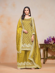 Yellow Gold Crush Embroidered  Kurti With Bottom Dupatta