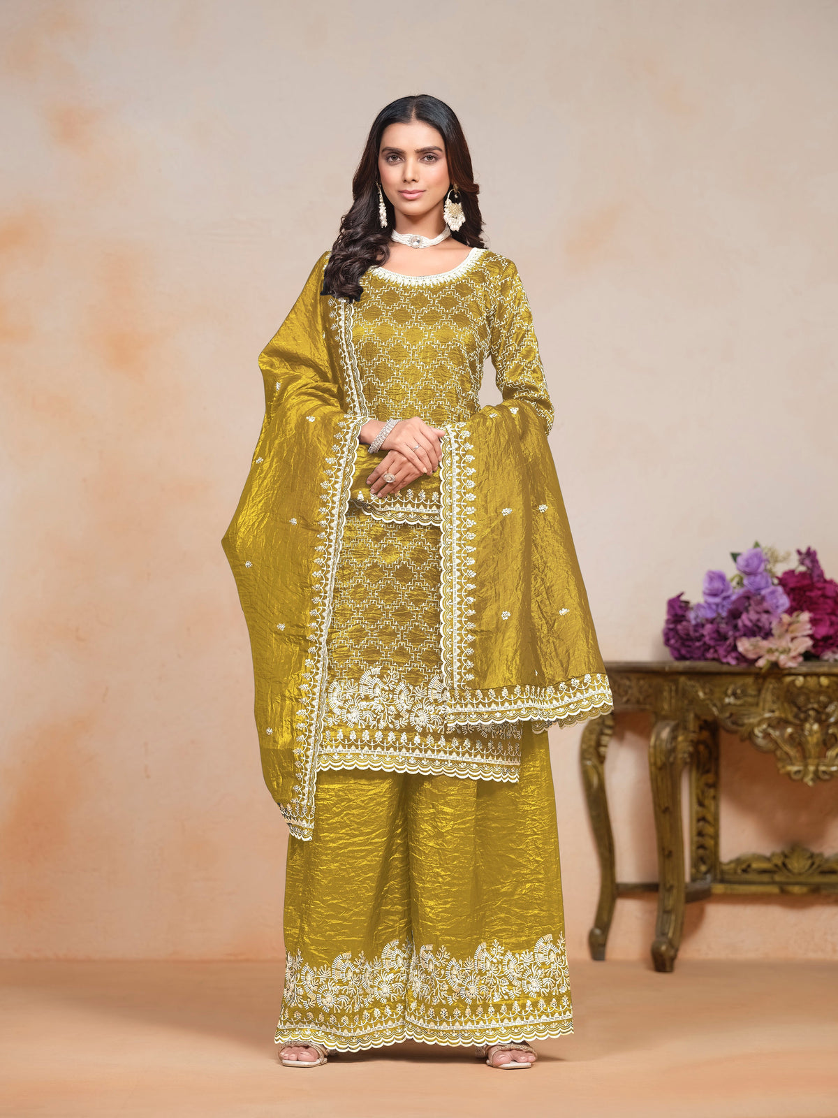 Yellow Gold Crush Embroidered  Kurti With Bottom Dupatta