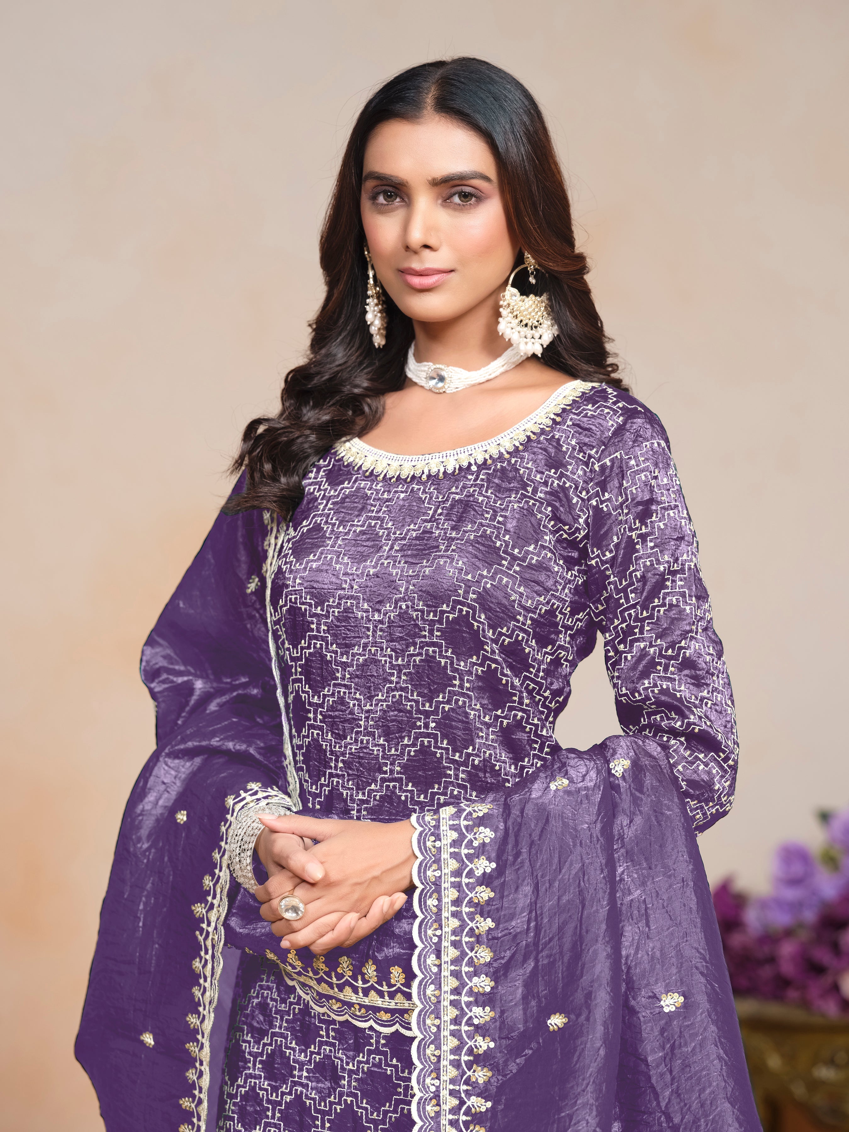 Purple Gold Crush Embroidered  Kurti With Bottom Dupatta