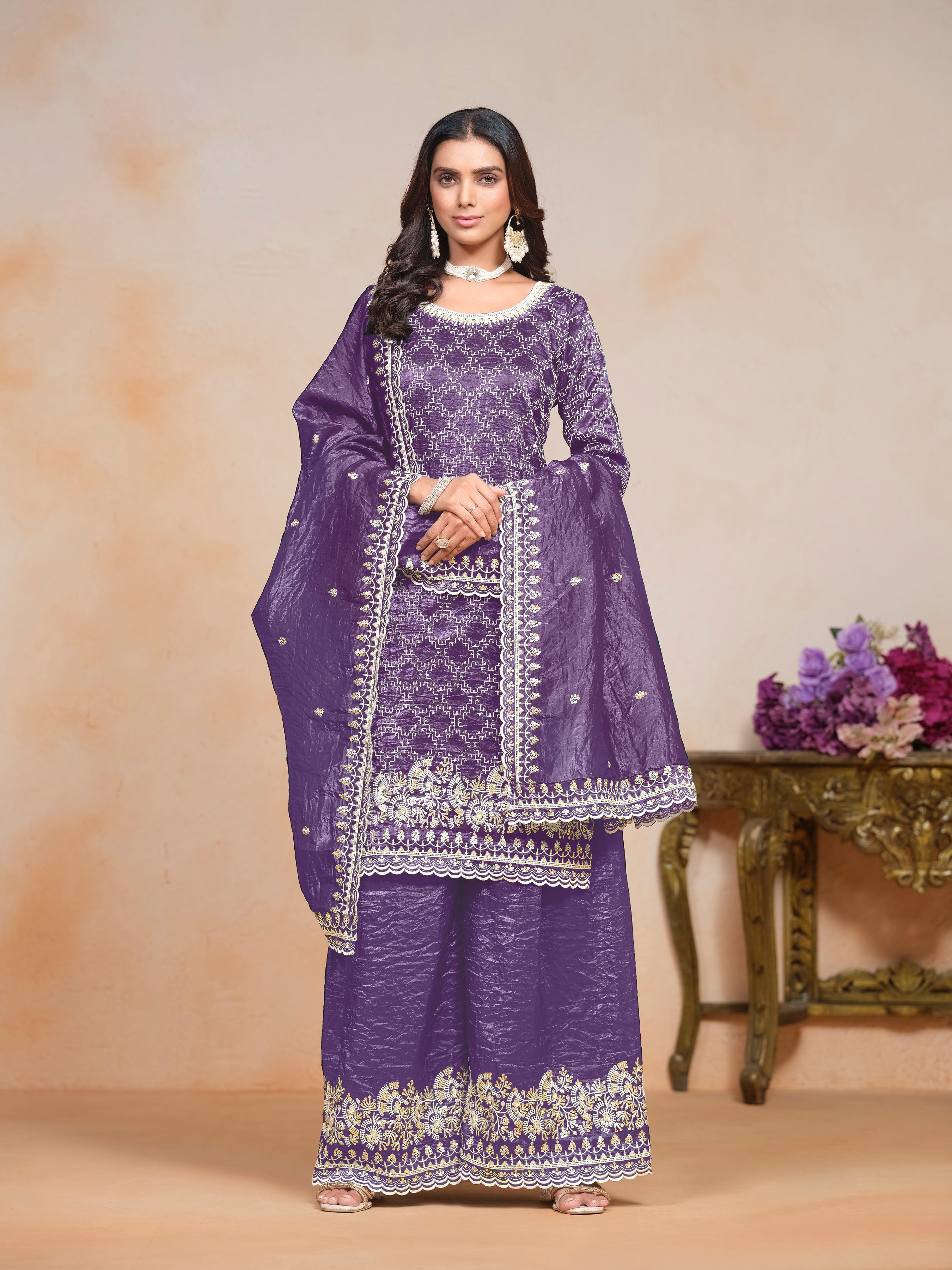 Purple Gold Crush Embroidered  Kurti With Bottom Dupatta