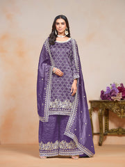 Purple Gold Crush Embroidered  Kurti With Bottom Dupatta