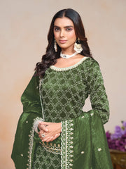 Green Gold Crush Embroidered  Kurti With Bottom Dupatta