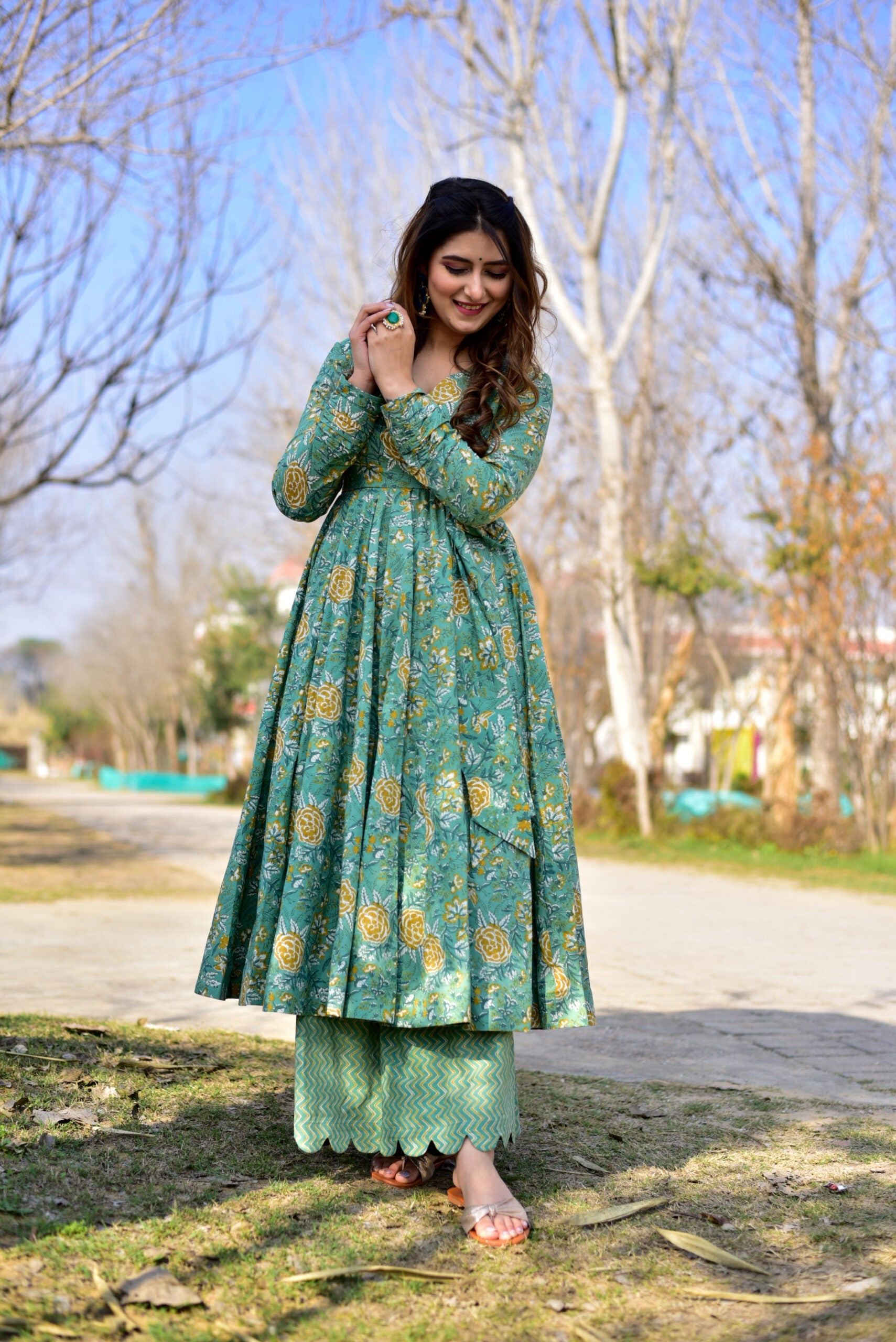 Sea Green Cotton Silk Digital Printed  Kurti With Pant Dupatta