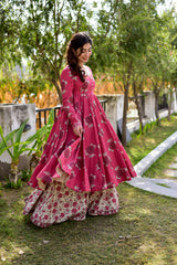 Pink Cotton Silk Digital Printed  Kurti With Sharara Dupatta