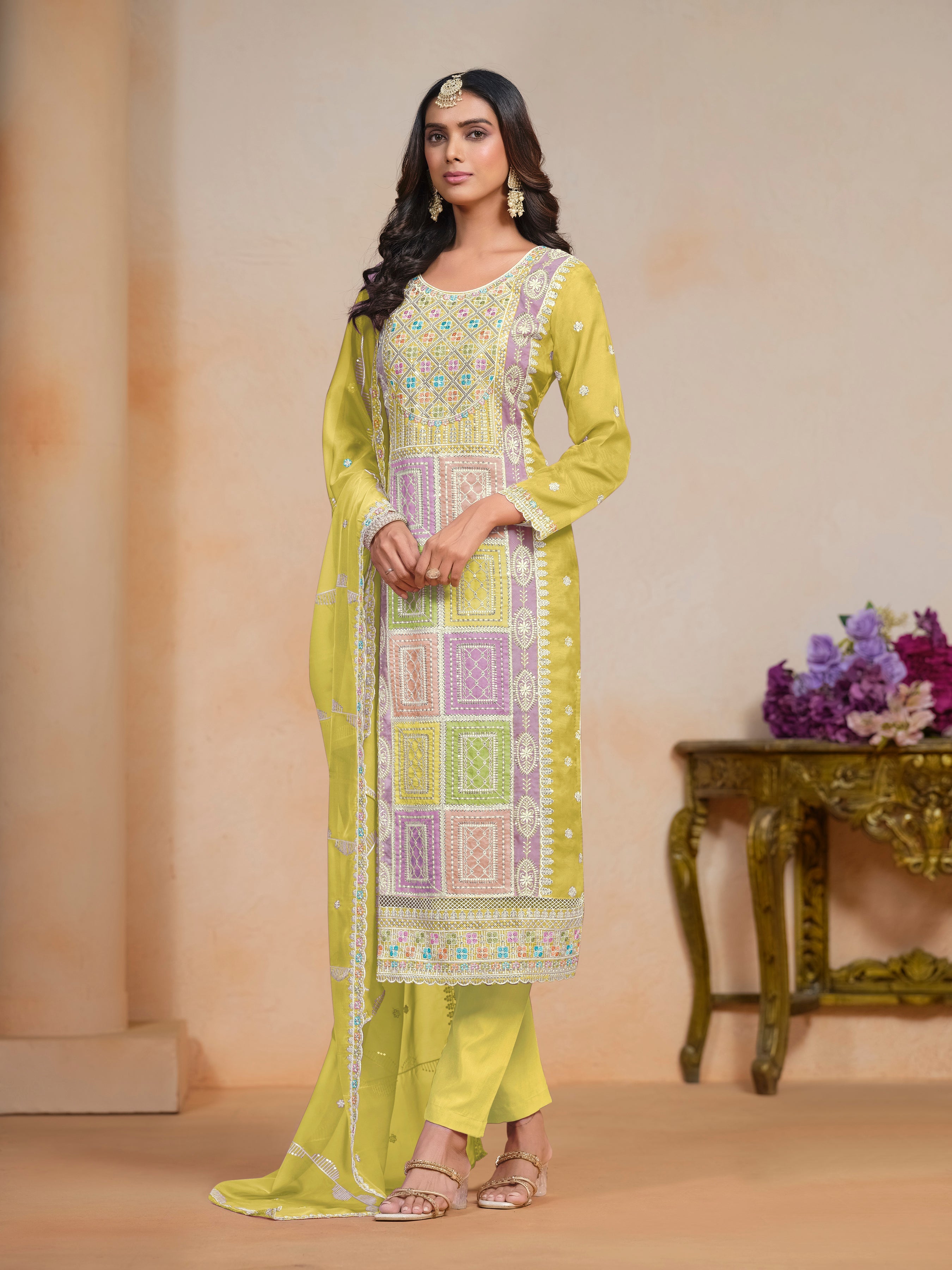 Yellow Organza Embroidered  Kurti With Pant Dupatta