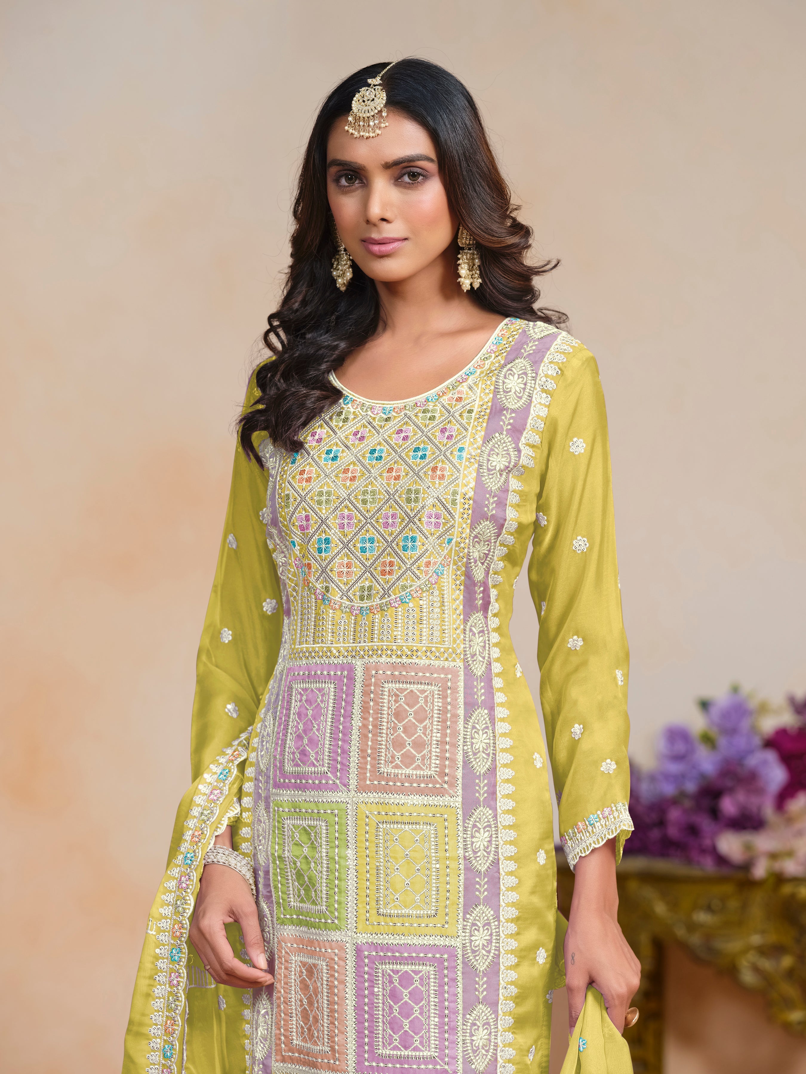 Yellow Organza Embroidered  Kurti With Pant Dupatta