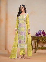 Yellow Organza Embroidered  Kurti With Pant Dupatta