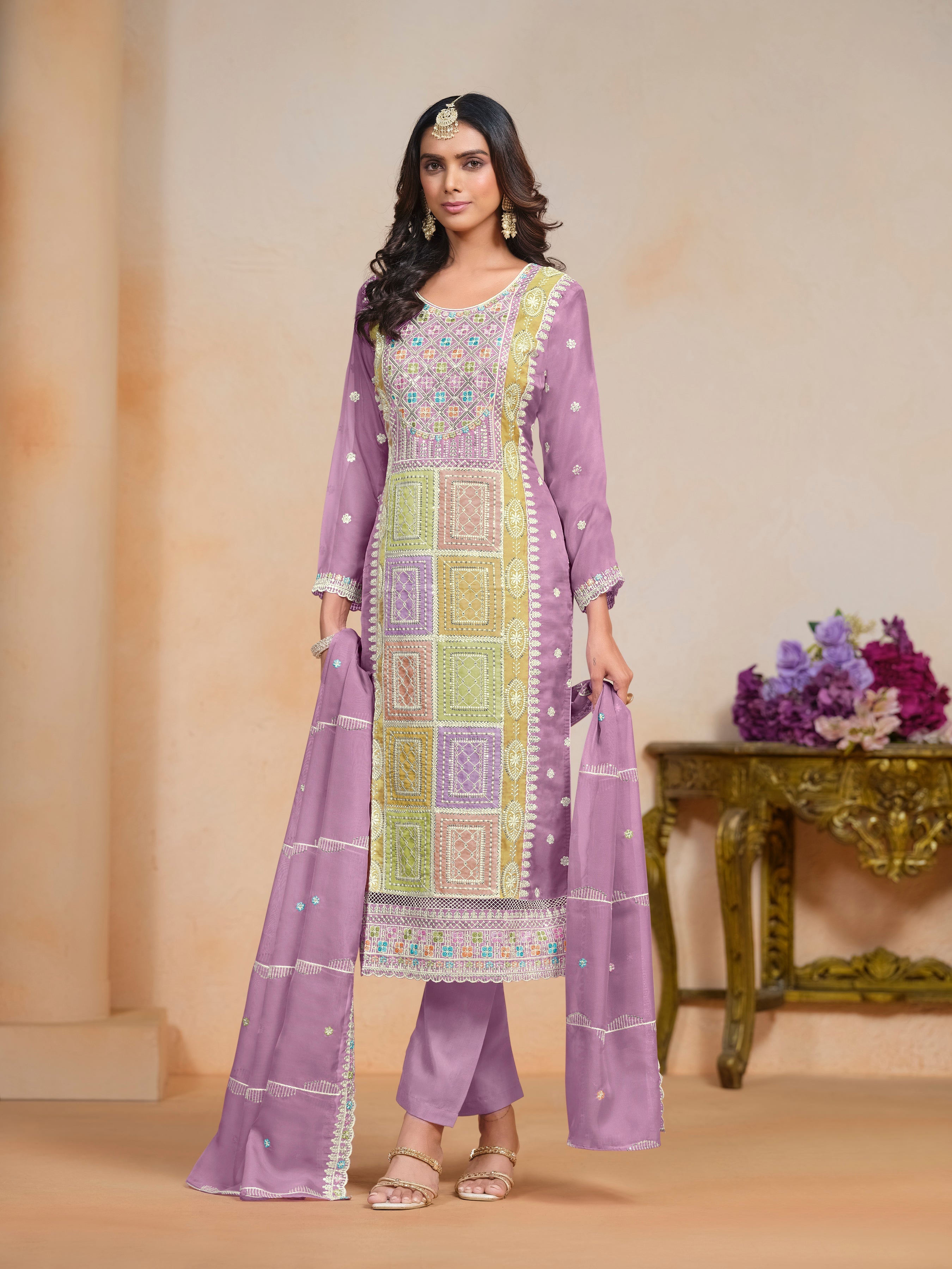 Purple Organza Embroidered  Kurti With Pant Dupatta