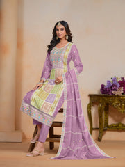 Purple Organza Embroidered  Kurti With Pant Dupatta