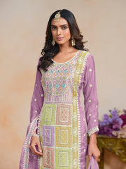 Purple Organza Embroidered  Kurti With Pant Dupatta